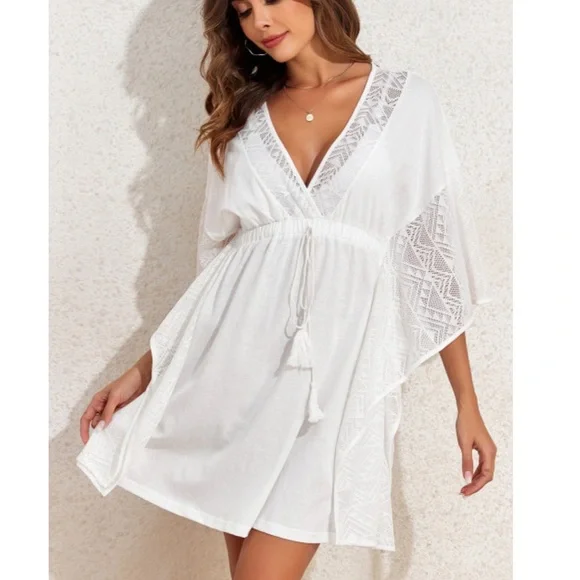 White Lace Coverup Womens Kimono Cottagecore Beach Dress Minimalist‎ Boho Sheer - Picture 4 of 6